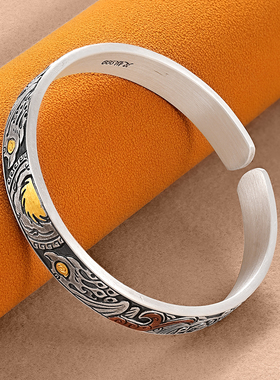 足银999实心开口镶金凤鸟纹手镯