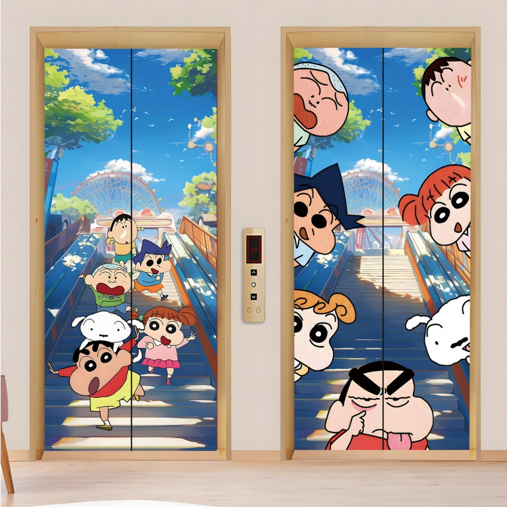 蜡笔小新电梯门贴纸入户电梯厅装饰贴画一梯一户门口布置卡通创意 - 图0