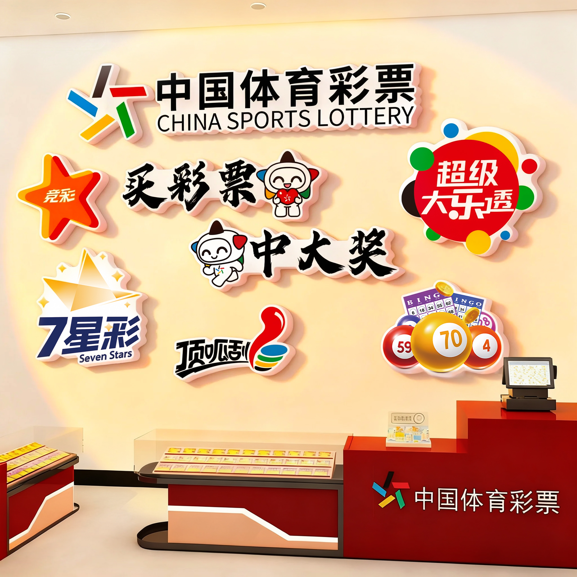 中国体育彩票店墙面装饰画福彩吧台网红形象背景墙贴用品大全摆件 - 图1