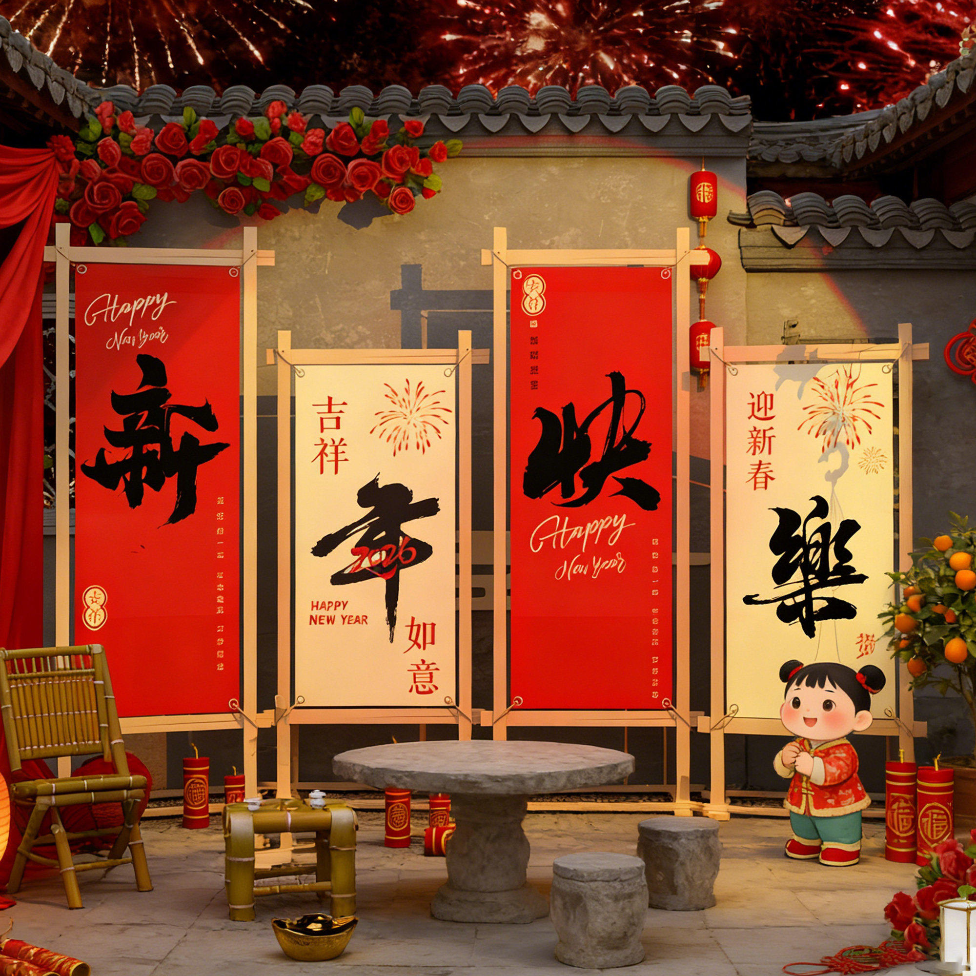 2026马新年装饰网红小院打卡造景拍照区餐饮店场景氛围布置背景墙,淘宝优惠券,粉丝福利购,淘宝优惠卷