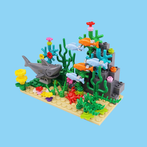 适用于乐高海底世界海洋动物海豚鲨鱼场景配件大白鲨积木人仔玩具 - 图1