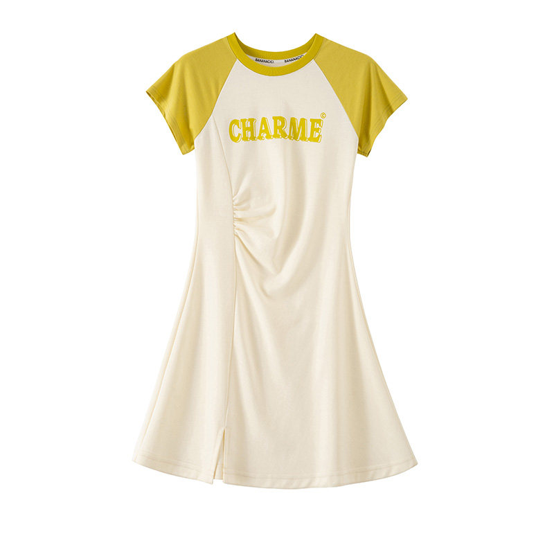 BANANA CICI2024年夏季新款撞色插肩袖收腰印花针织短袖连衣裙,淘宝优惠券,粉丝福利购,淘宝优惠卷