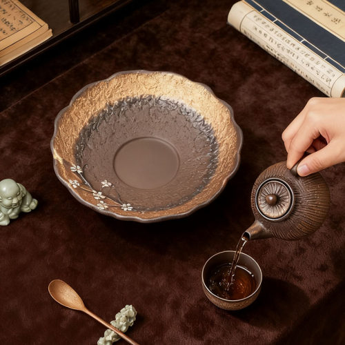 梅花銮金壶承粗陶干泡台壶垫储水式复古陶瓷茶道配件茶盘 - 图3