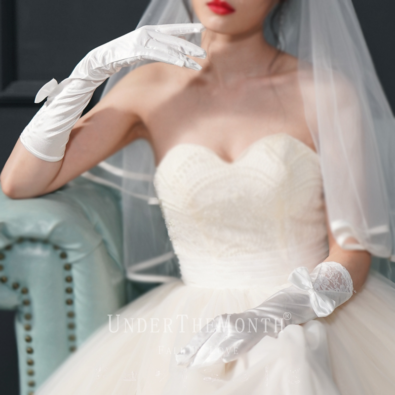 新娘结婚长款缎面蕾丝手套白色简约蝴蝶结手套婚纱礼服配饰手套女-图2