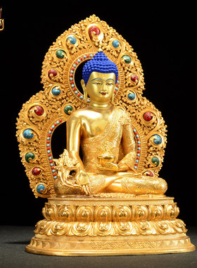 藏式鎏金药师佛铜器摆件带大背光