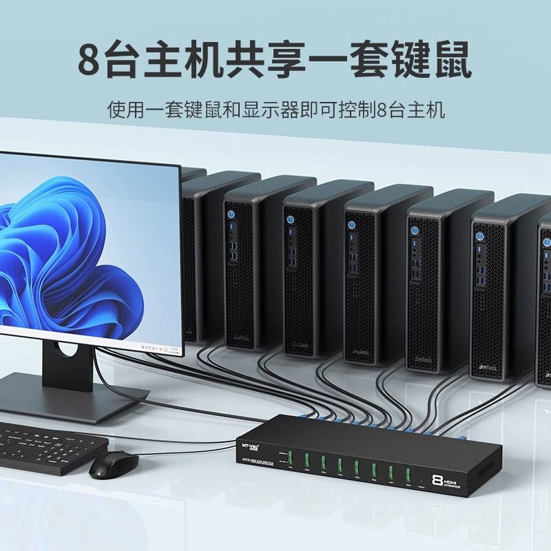 迈拓维矩MT-0801HK KVM切换器8口HDMI口共享器自动USB8进1出高清kvm连接线转换器热键切换鼠标键盘控制监控