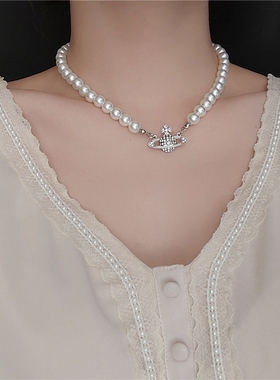 古玻璃仿珍珠项链百搭单层长款毛衣链旗袍演出走秀配饰