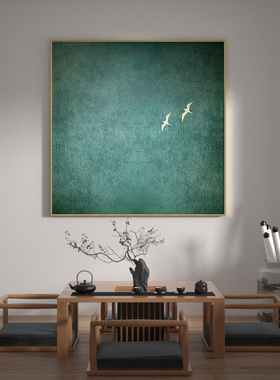网红新中式关商装饰画蓝色极简抽象飞鸟方形挂画轻奢茶室书房玄业
