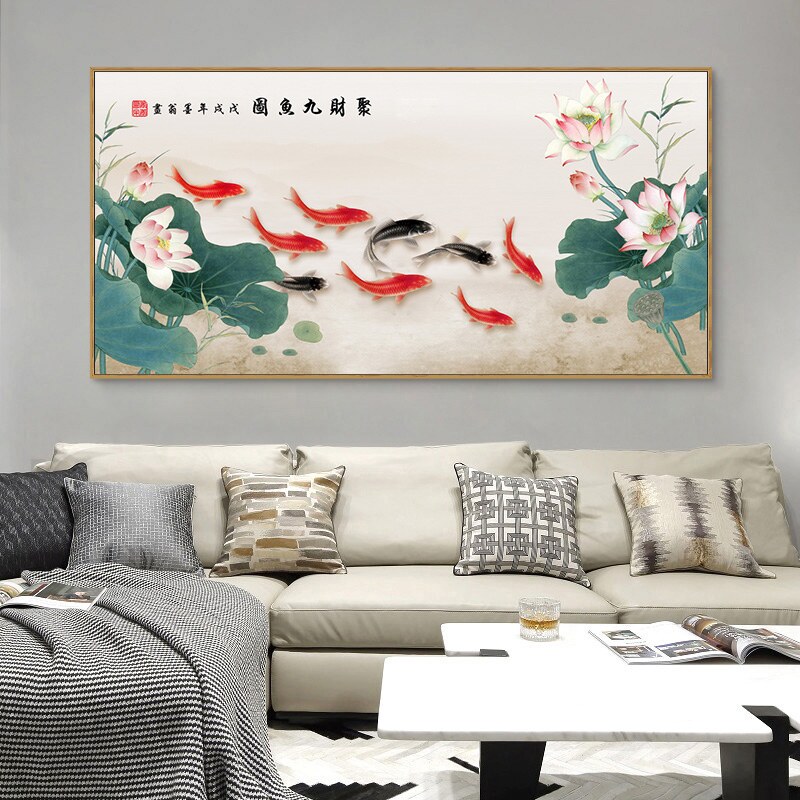 九鱼图招财风水新中式客厅装饰画沙发背景墙壁画横幅连年有余定做_虎窝淘