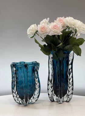 厚重轻奢波浪纹蓝色琉璃花瓶水培绿植玻璃插画容器家居高频品质摆