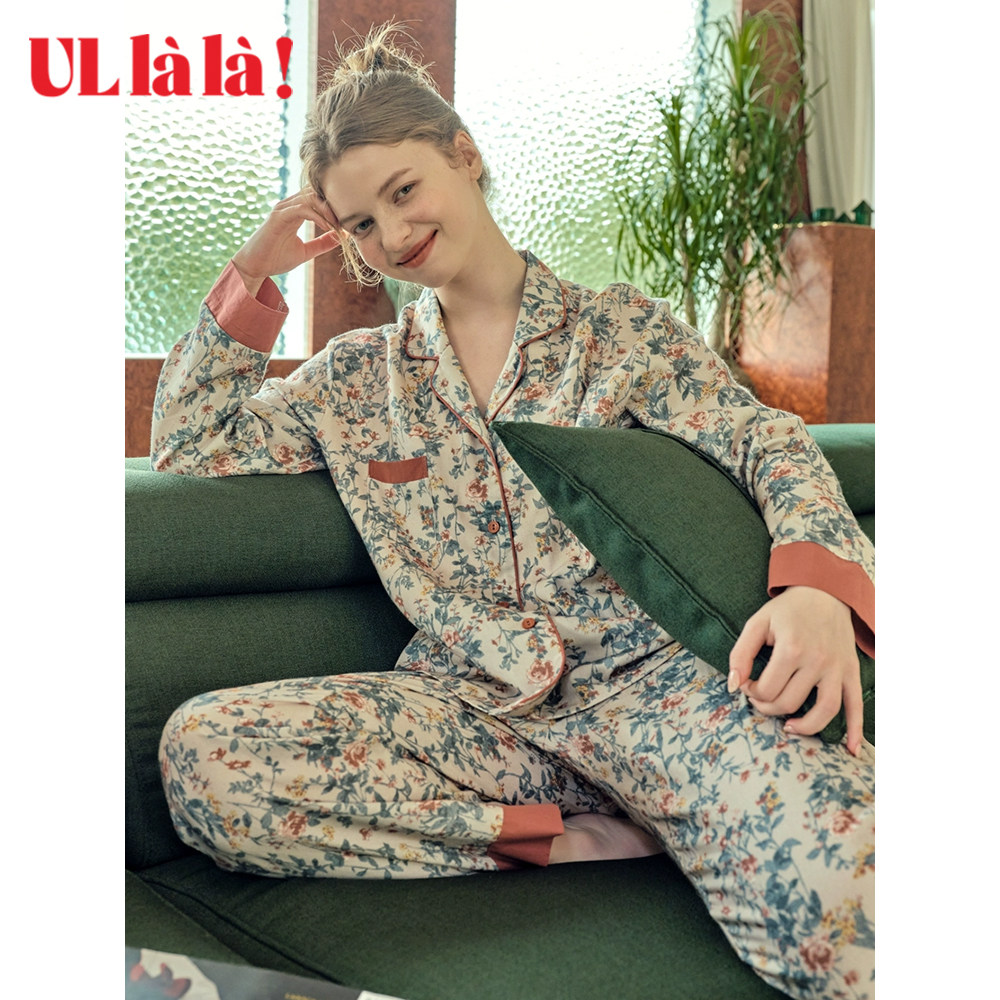 [繁花]ULLALA家居服睡衣乌拉拉纯棉秋季V领长袖长裤印花套装女士,淘宝优惠券,粉丝福利购,淘宝优惠卷