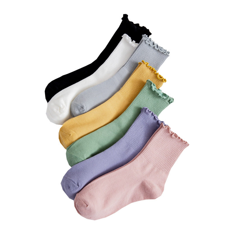 木耳边花边纯色吸汗韩版女士中筒袜 迸彩短袜/打底袜/丝袜/美腿袜