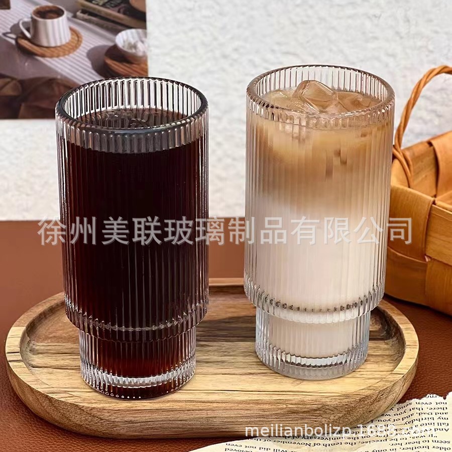 跨境热卖16盎司竖条纹玻璃杯网红叠叠杯奶茶咖啡冷饮杯套装带木盖 - 图1