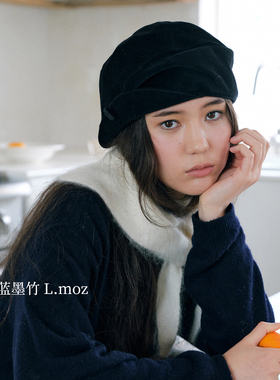 蓝墨竹 L.moz 黑色丝绒贝雷帽女法式画家帽文艺复古简约