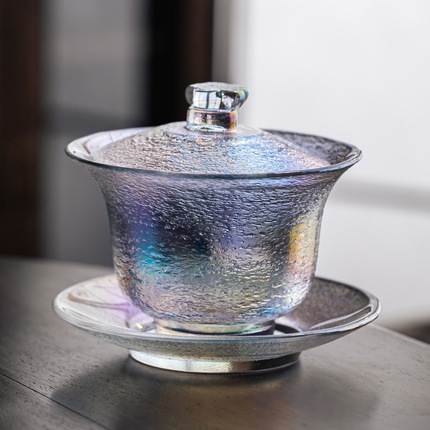 中式水晶玻璃三才盖碗家用功夫茶具配件描金锤纹泡茶器茶杯