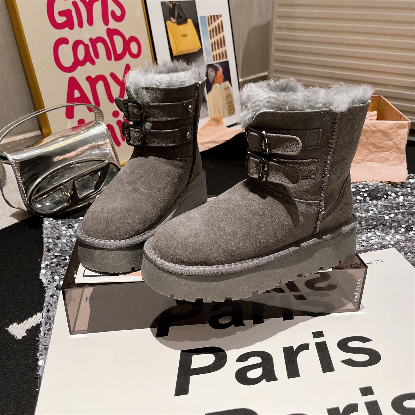 2025新款真皮羊毛金属扣厚底松糕雪地棉靴加厚保暖短靴小个子女鞋,淘宝优惠券,粉丝福利购,淘宝优惠卷