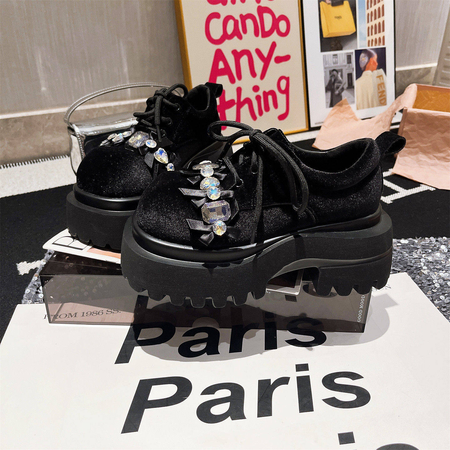 欧货金丝绒系带水钻大头重工蝴蝶结JK小皮鞋乐福鞋小个子7cm女鞋,淘宝优惠券,粉丝福利购,淘宝优惠卷