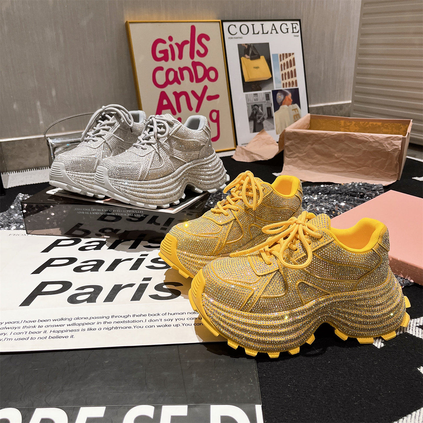 7cm~欧货新款水钻满钻系带厚底松糕小个子老爹鞋运动鞋满天星女鞋,淘宝优惠券,粉丝福利购,淘宝优惠卷