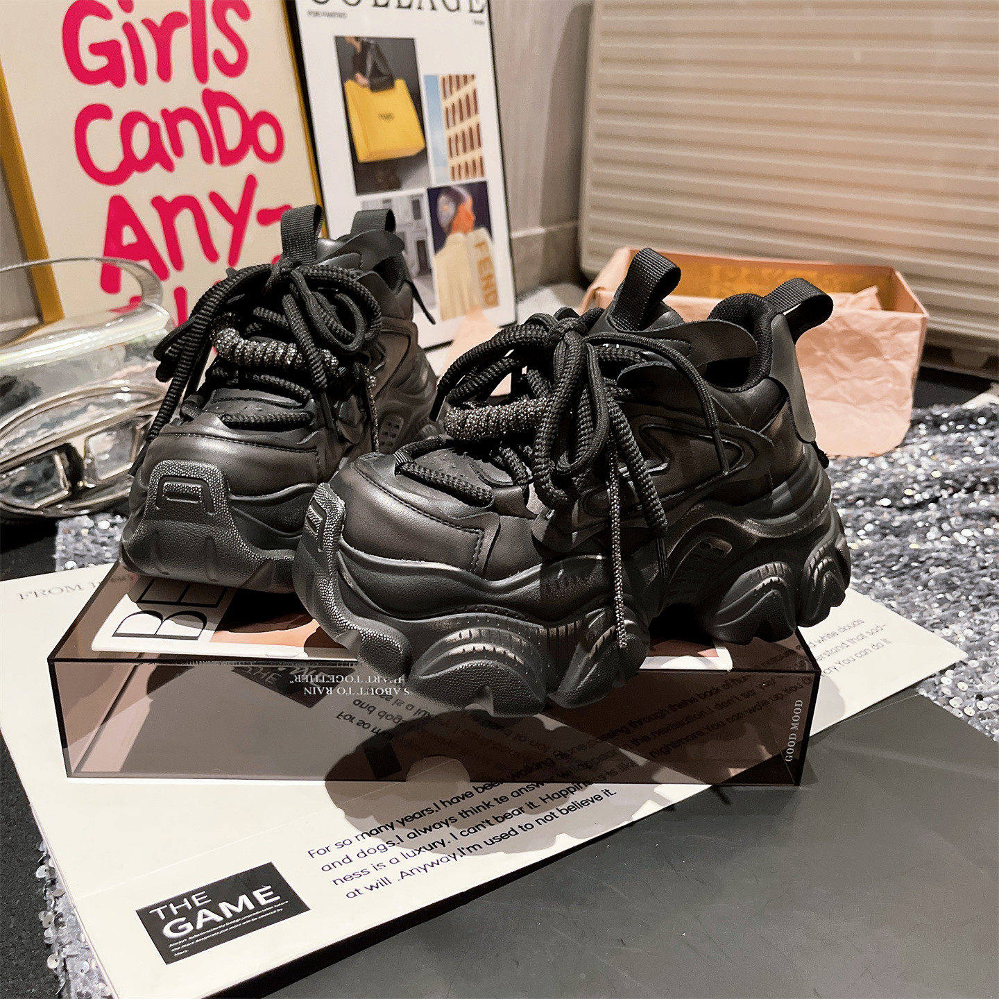 老爹鞋2025新款系带水钻珠光小白鞋厚底松糕休闲小个子运动鞋女鞋,淘宝优惠券,粉丝福利购,淘宝优惠卷