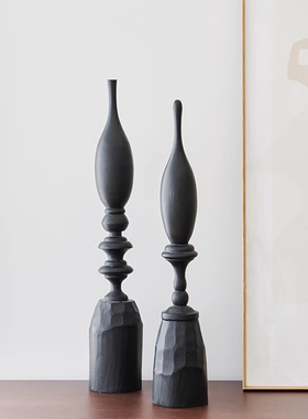 侘寂风新中式几何黑色木质创意摆件办公室客厅玄关边柜茶几装饰品