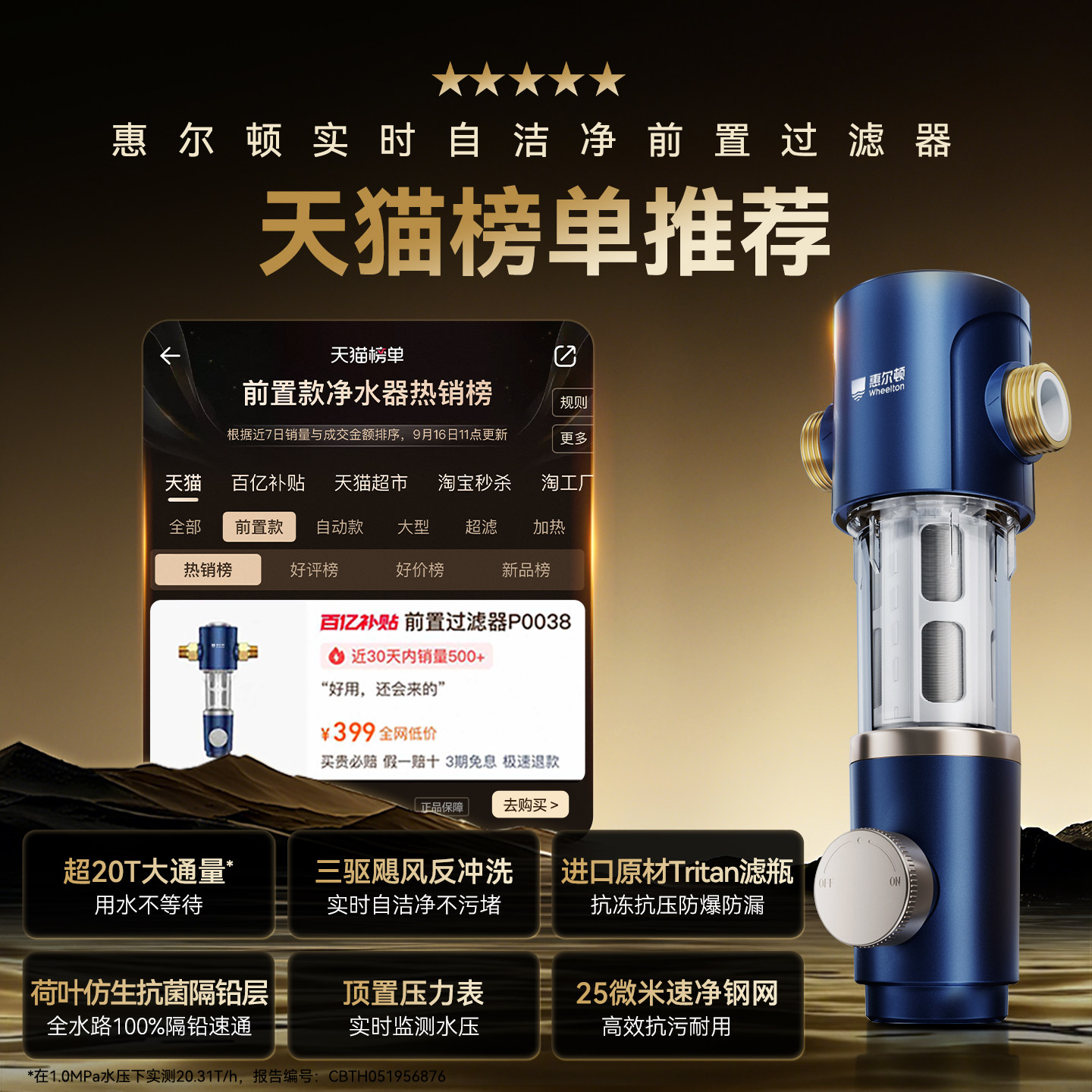 惠尔顿前置过滤器家用25微米反冲洗净水器超20T自动清洗P0038Pro
