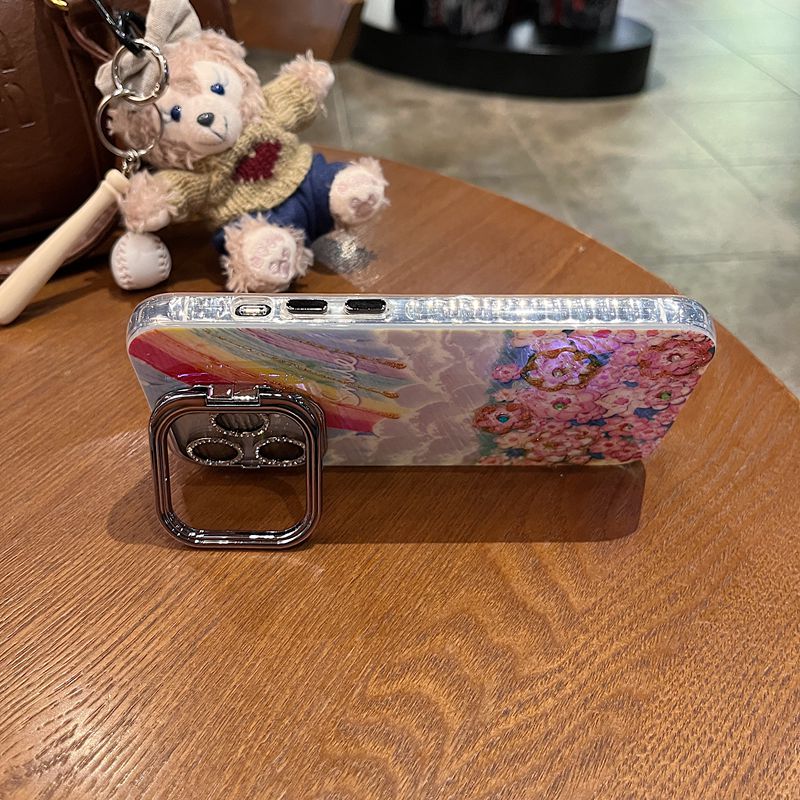 适用苹果系列iPhone16新款手机壳15promax大孔支架镜框升级款14pro/13promax油画彩虹花海配镜头膜网红保护套