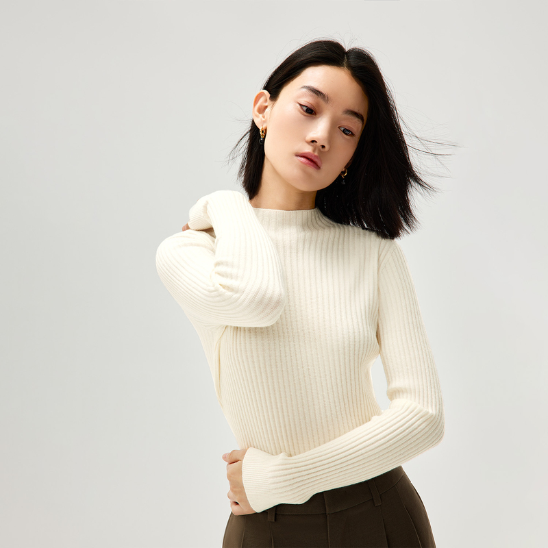 HLA/海澜之家含绵羊毛针织衫24秋新纯色半高领通勤风保暖毛衣女装