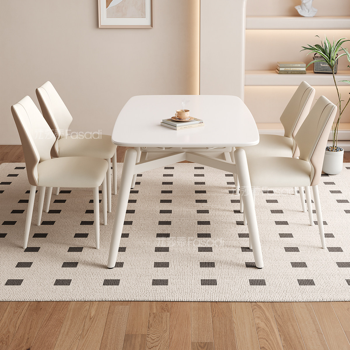 法莎蒂奶油风全托岩板餐桌小户型方圆两用伸缩餐桌椅组合现代简约,淘宝优惠券,粉丝福利购,淘宝优惠卷