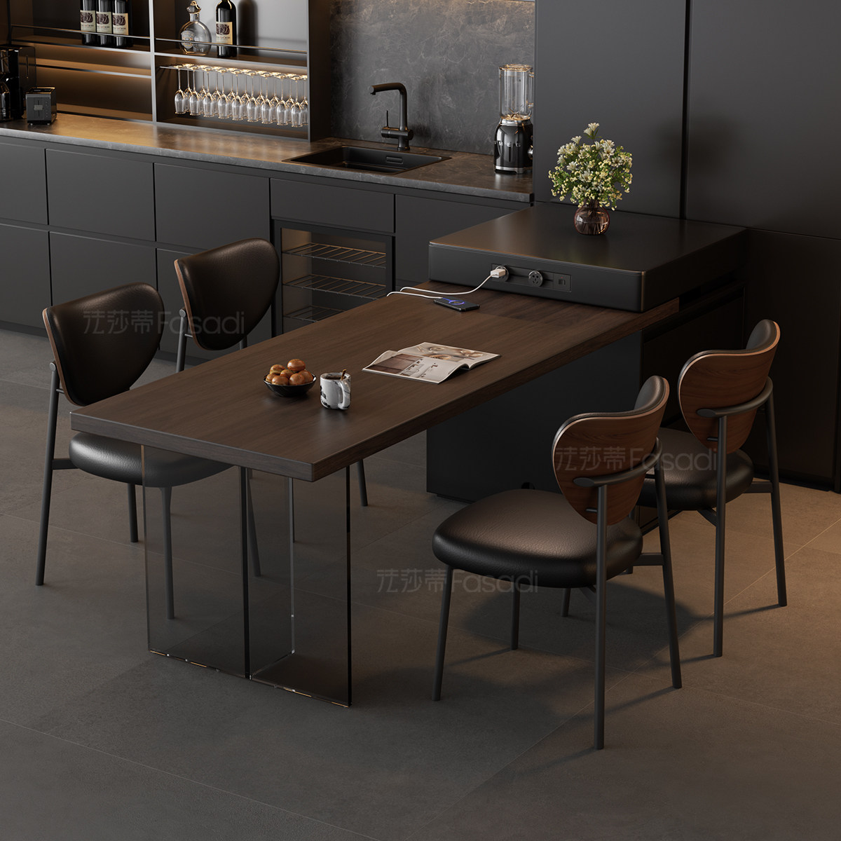 中古风胡桃木纹下挂岩板餐桌椅组合简约小户型岛台餐桌,淘宝优惠券,粉丝福利购,淘宝优惠卷