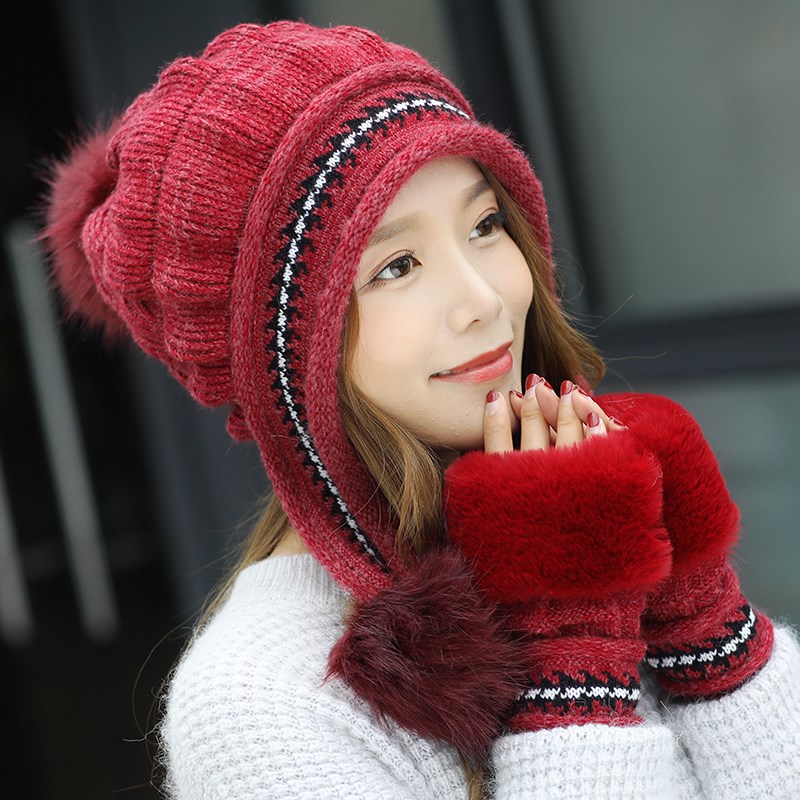 毛线帽子女冬天加厚保暖护耳针织帽半指手套冬季时尚韩版潮兔毛。