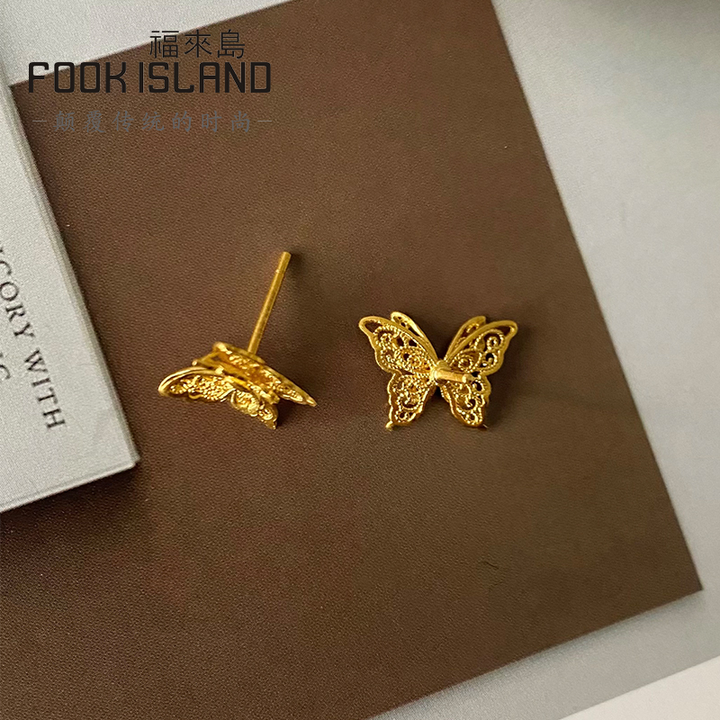 福来岛轻舞飞扬小版足金999女耳钉 福来岛耳饰