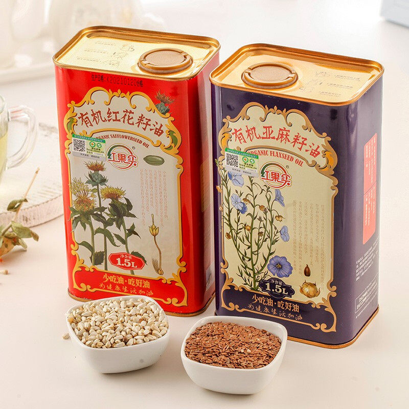 新疆红果实红花籽油1.5L+1.5L有机亚麻籽油物理压榨铁罐礼盒装,淘宝优惠券,粉丝福利购,淘宝优惠卷