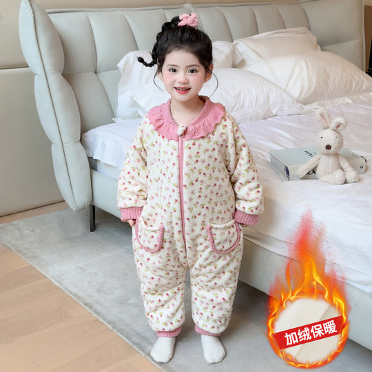 儿童连体睡衣女童珊瑚绒冬款女孩加绒加厚连身衣爬服宝宝保暖睡袋