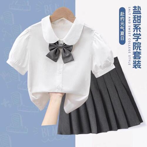 女童夏季短袖白色纯棉衬衫学生毕业儿童学院风百褶裙jk校服套装裙 - 图0