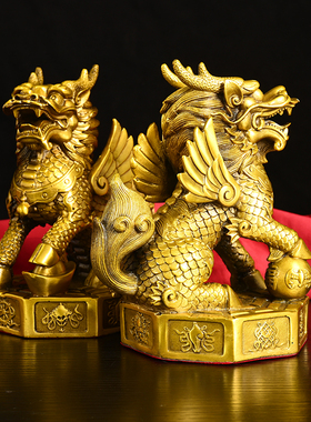 黄铜麒麟摆件一对八宝麒麟