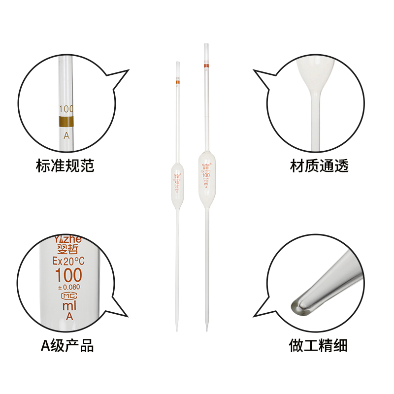 翌哲 A级单标线胖肚吸管 大肚吸管 玻璃移液管1 2 3 5 10 15 20 25 50 100ml A级可过检 实验室用 - 图0