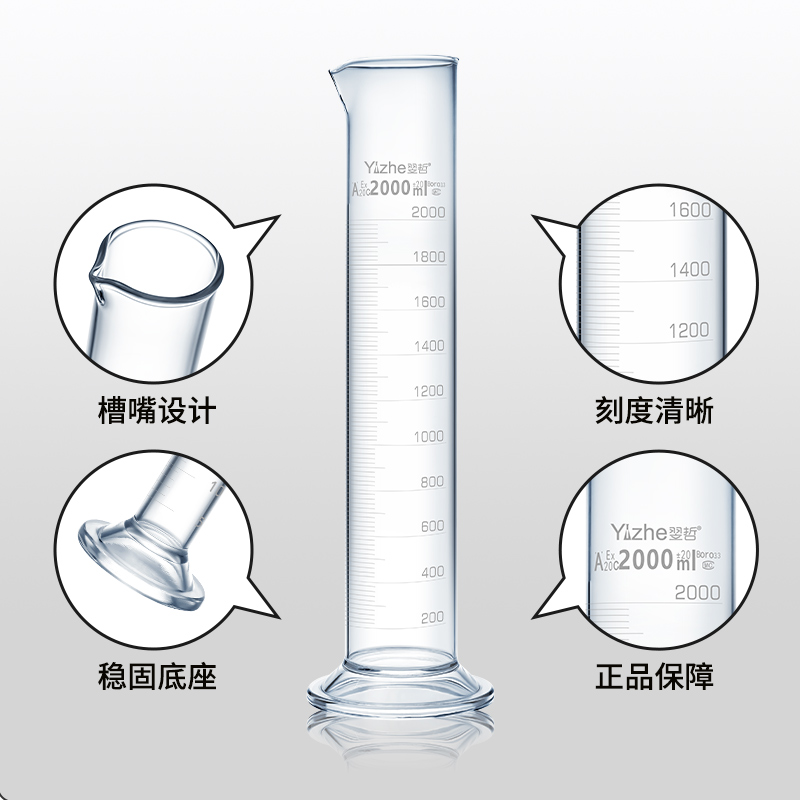 翌哲玻璃量筒直型带刻度玻璃量桶5 10 25 50 100 250 500 1000 2000ml毫升大容玻璃测量杯实验室玻璃器皿-图1