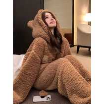 Cute Little Bear Sleepwear Woman Winter Thickened Warm Coral Suede Suit Casual Sleeping Pants Long Pants Home Conserved Two Sets