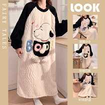 Sleeping Skirt Autumn Winter Coral Suede Overweight MM Big Code 200 Catty Pyjamas Woman Long Sleeve Cute Cartoon Medium Long can be worn outside