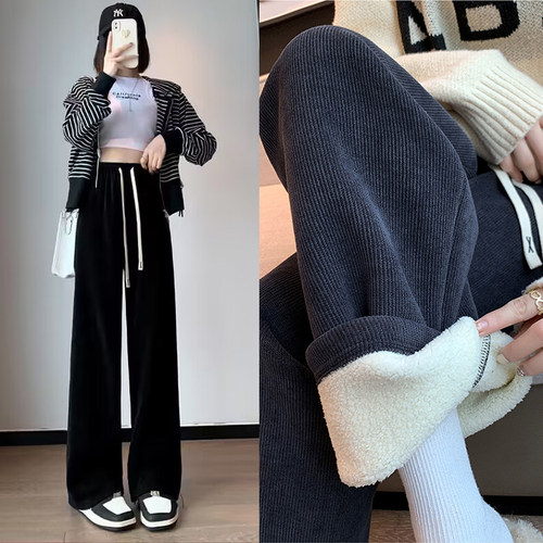 2025秋冬新款羊羔绒针织阔腿裤休闲宽松加绒加厚针织直筒拖地裤 - 图3