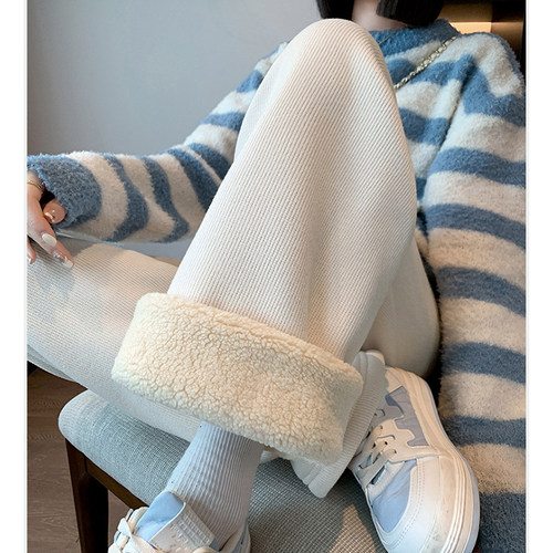 2025秋冬新款羊羔绒针织阔腿裤休闲宽松加绒加厚针织直筒拖地裤 - 图2