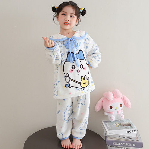 2025新款儿童睡衣女秋冬季加绒加厚款法兰绒女童冬款珊瑚绒家居服 - 图0