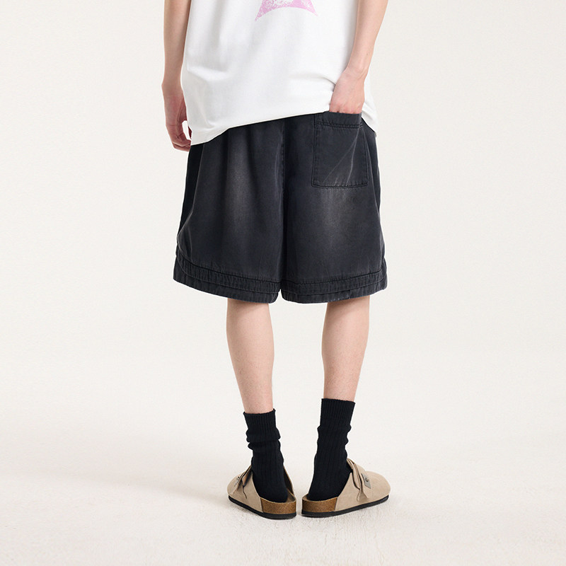 BONELESS casual floral embroidered denim shorts drawstring washed loose summer three-quarter pants Tencel straight pants