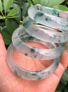 直播冰种飘花玉手镯翡翠色玉石高冰晴水飘绿花石英岩玉冰飘花玉镯