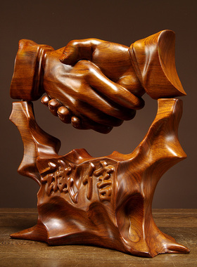 木雕握手摆件开业商务工艺品