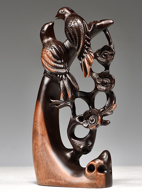 黑檀木雕喜上眉梢摆件实木根雕动物花鸟喜鹊家居乔迁办公工艺礼品