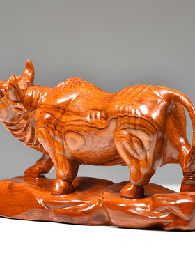 花梨木雕刻牛摆件客厅拓荒牛开荒牛实木吉祥物办公桌摆设红木礼品