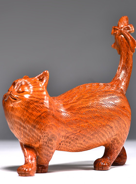 花梨木雕刻猫摆件实木动物可爱小猫红木家居客厅装饰店铺开业礼品