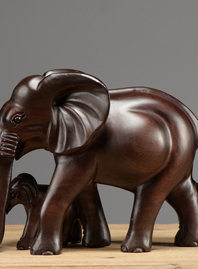 实木母子像雕刻家居客厅大象摆件