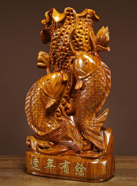 木雕连年有余家居客厅送礼工艺品